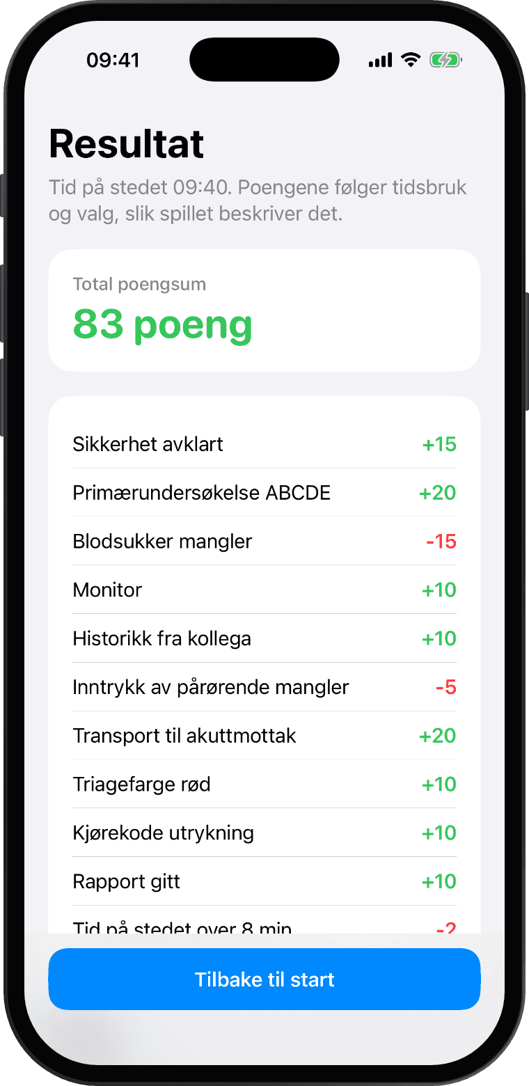 Resultatsiden med total poengsum, poeng og trekk for hvert valg, og alle handlinger i loggen