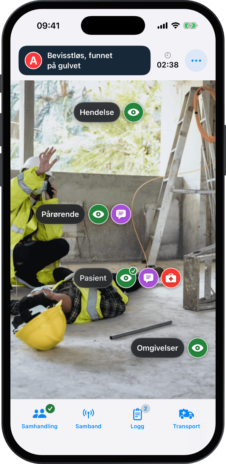 The Ambulance Game på iPhone — skadestedet i et oppdrag, med Hendelse, Pårørende, Pasient og Omgivelser å undersøke